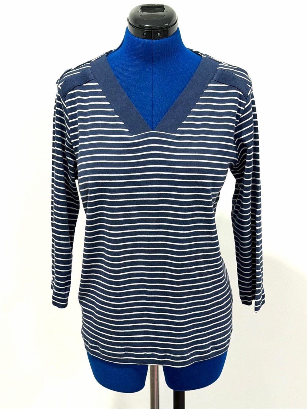 Chadwicks Navy and White Striped V-Neck Long Sleeve Top